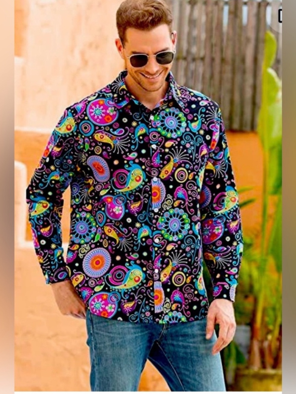 Luc Matton Psychedelic Printed Cotton Linen Blend Colorful Button Up Shirt